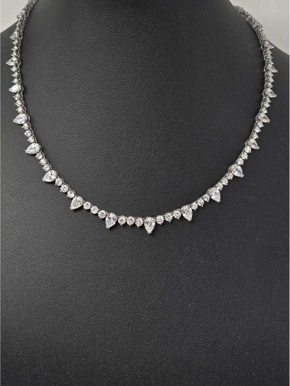 Sterling Silver CZ Circle Teardrop Statement Necklace 16.5"